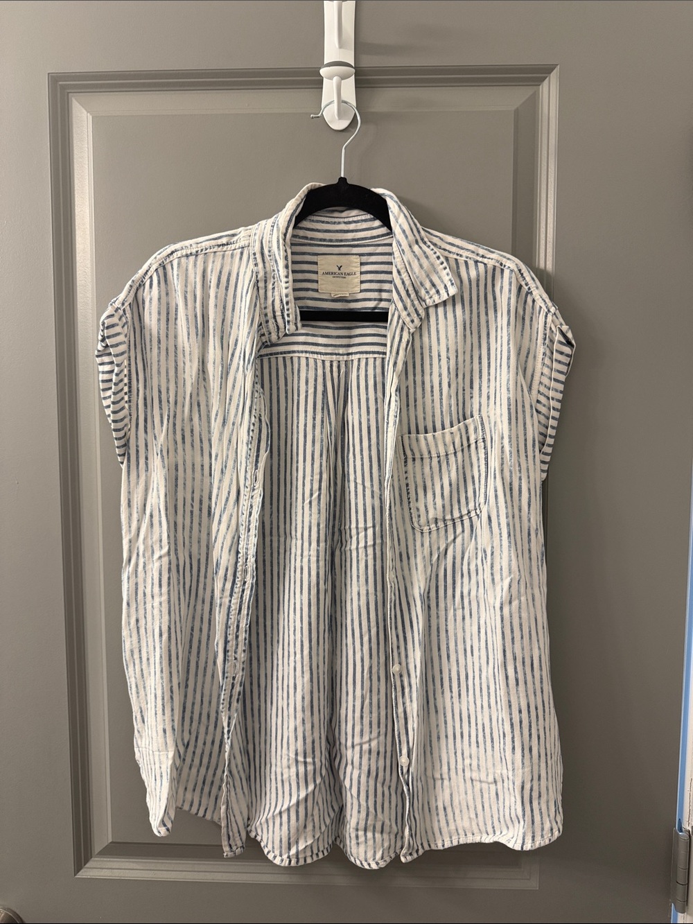 American Eagle Short Sleeve Button-Up Shirt - White with Blue Stripes